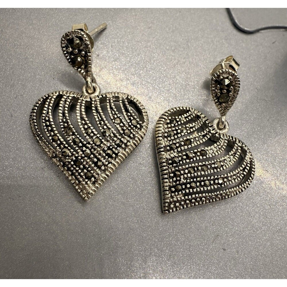 Vintage Heart Shaped Sterling Silver 925 & Marcasite Earrings Diamond Read Descr - Picture 9 of 12